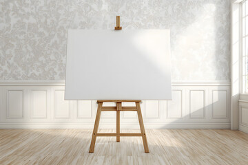 Blank canvas on wooden easel in elegant room, ready for art, design or presentation, bright light