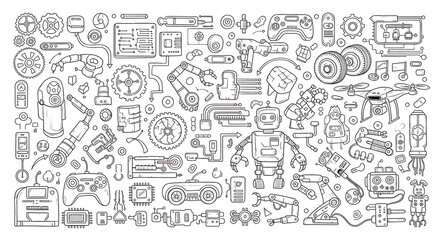 Line art illustration showcasing the technological components and playful world of robots and