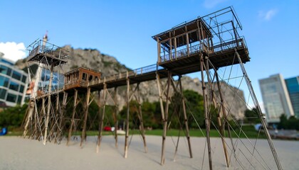 Elevated wooden walkways and structures against a backdrop of urbanity and nature