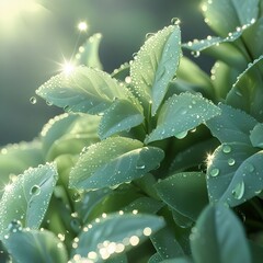 Lush Green Foliage with Water Droplets and Sunlight