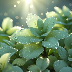Lush Green Foliage with Water Droplets and Sunlight