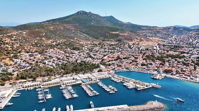 Yenifoca 4k drone video with its marina and beaches in Foca, Izmir, Turkiye.