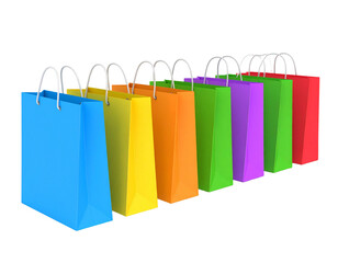 Colorful shopping bags stand in a row suggesting retail therapy and consumerism concept.