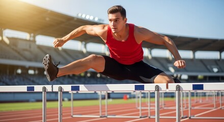Focused athlete jumps hurdles during a track and field competition.