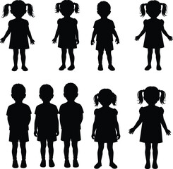 Silhouette of children standing together, boys and girls group, childhood, family, school kids, friends, education, innocence, black outline, unity