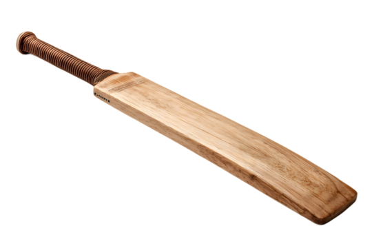 Wooden cricket bat with leather grip isolated on white background for sports equipment, training, and outdoor game concept - Powered by Adobe