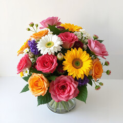 Vibrant flower bouquet with mixed colorful blooms in a clear vase for decoration