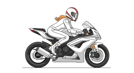 Obraz premium Illustration of a female motorcyclist in white gear riding a sleek sports bike