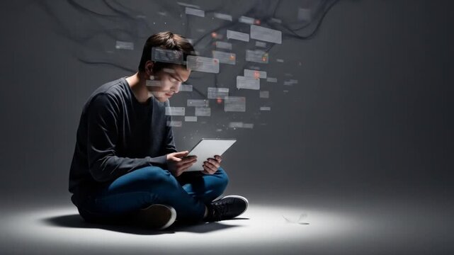 Man Overwhelmed by Digital Notifications