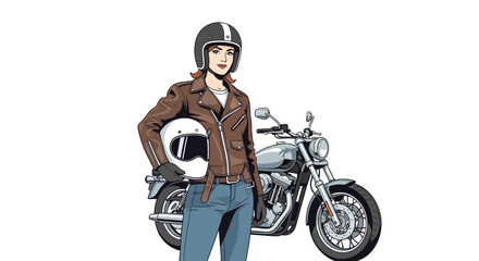 Stylish woman posing with a classic motorcycle, sporting a retro look