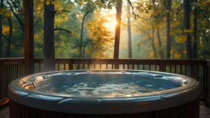 Hot tub on a wooden deck at sunrise