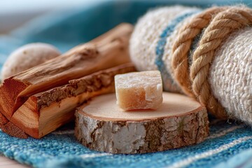 Natural Spa Ingredients with Wooden Decorations and Textiles for a Relaxing Atmosphere, Emphasizing Simplicity and Organic Aesthetics in Wellness Spaces