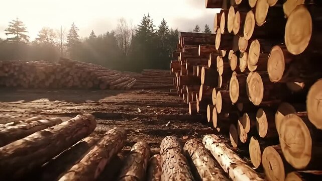 Lumber yard filled with stacks of logs, illuminated by light of early morning