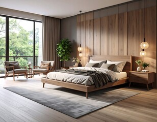 Modern wooden bedroom with forest view.