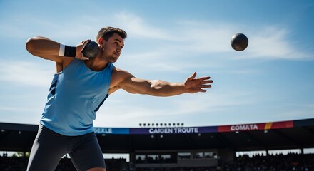 Muscular male athlete in mid throw during a shot put competition at a sunny stadium.