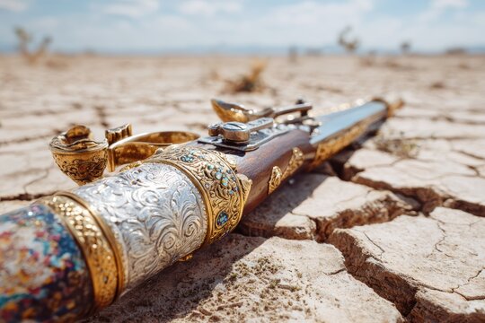 Ornate Antique Pistol Resting on Cracked Desert Soil Under Bright Blue Sky, Desert Landscape, Historical Weaponry, Symbol of Adventure and Exploration