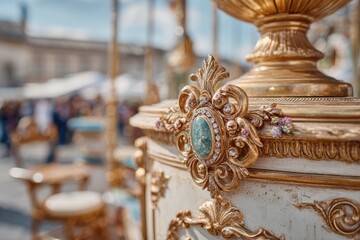 Fototapeta premium Ornate Detail of a Golden Decorative Element with Gemstone in a Vibrant Outdoor Setting, Showcasing Artisan Craftsmanship and Elegance in a Festive Atmosphere