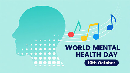 Naklejka premium The silhouette of a person's head and musical notes represent music therapy for psychological healing, used in World Mental Health Day activities and music psychological intervention scenarios.