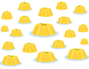 Many cartoon yellow desserts with garnishes, on plates, scattered. Over a black background