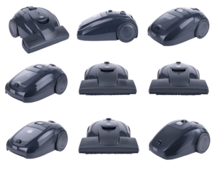 Collection of various angles of a dark gray, futuristic-looking vacuum cleaner