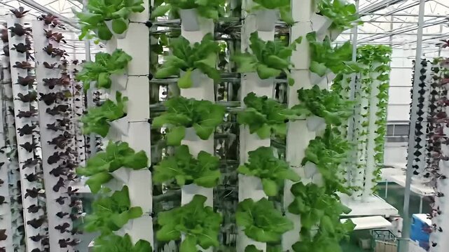 Vertical towers of green plants growing indoors with structured light and metal frames