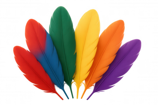 Colorful feather arrangement spreading gracefully in semicircle arc, displaying vivid plumage against transparent backdrop