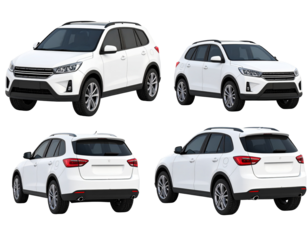 White SUV in various perspectives front, side, and rear views showcased. Clean design, compact
