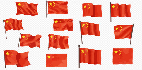 Collection of Chinese flags in various positions and states of waving.