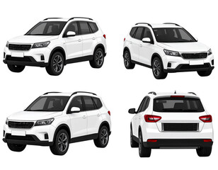 Four perspectives of a white SUV. Shows front, side, and rear views