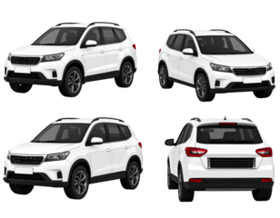 Four perspectives of a white SUV. Shows front, side, and rear views