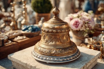 Ornate Vintage Bell on Display in an Antique Market Surrounded by Decorative Objects, Flowers, and Elegant Items for Sale in Sunny Atmosphere