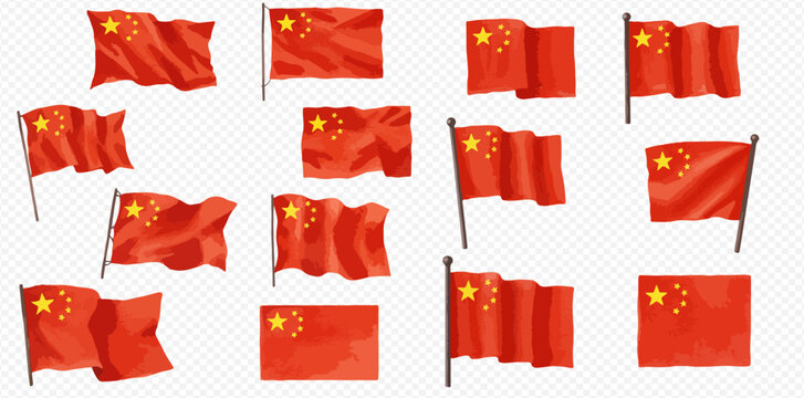 Collection of Chinese flags in various positions and states of waving.