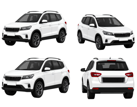 Four perspectives of a white SUV. Shows front, side, and rear views