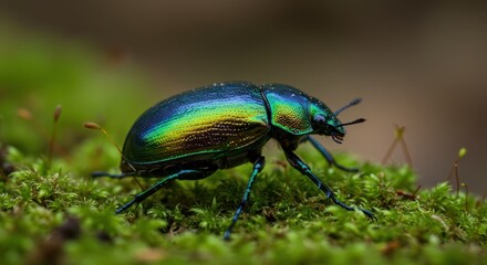 Naklejka premium Iridescent Beetle Walking on Lush Green Moss Macro Shot