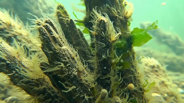 Submerged tree branches covered with algae and other aquatic growth in murky water