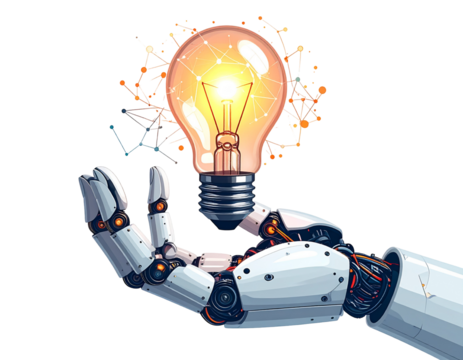 Robot arm holding lightbulb glowing with connected networks against black