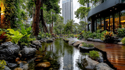 Fototapeta premium Ship's grand concourse transformed into garden paradise with Earth plants and flowing water decades of growth creating forest environment life flourishing