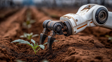 Automated farming robots tending crops in Mars greenhouse efficient mechanical agriculture sustainable food production technological advancement