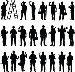 Construction worker silhouettes, builders with tools, ladder, hammer, wrench, maintenance staff, industrial labor, safety, teamwork, skilled trades, repairmen, engineering workforce