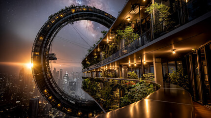 Interior view of rotating habitat ring creating artificial gravity curved architecture with colonists adapted to space living engineering marvel