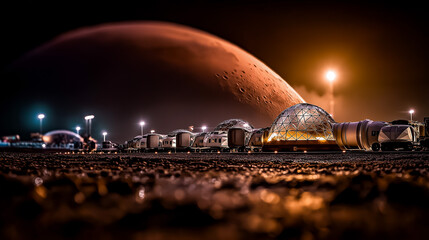 Obraz premium Mars transportation hub with vehicles arriving and departing between settlements coordinated colonial logistics thriving interplanetary civilization