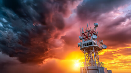 Mars weather monitoring station tracking atmospheric conditions scientific instruments against dramatic sky understanding alien climate patterns
