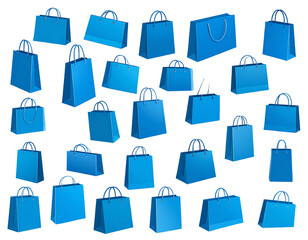 Many bright blue shopping bags on black background