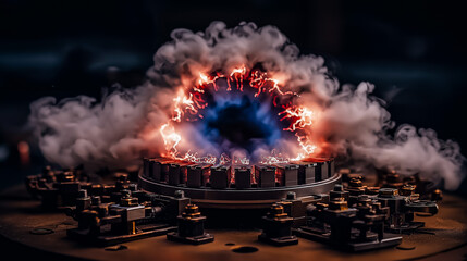Spaceship reactor core glowing with contained fusion energy complex machinery and conduits steam and particle effects industrial sci-fi environment dynamic lighting