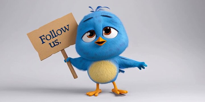 Cute bashful 3D cartoon bird animation holding wooden sign "Follow Us"