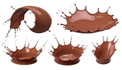 Fototapeta premium Multiple chocolate splashes/crowns in various shapes with droplets isolated on black