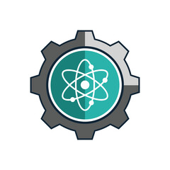 Gear with atom symbol representing science and technology.