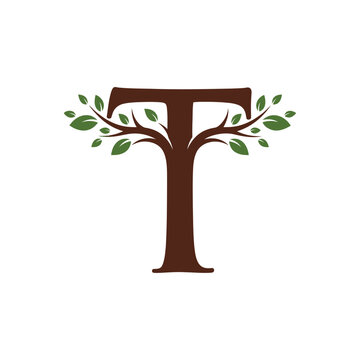 Tree-shaped letter T with leaves representing nature and growth.