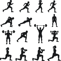 Silhouette fitness athletes, running, weightlifting, push ups, lunges, gym training, workout, bodybuilding, strength, exercise, sports, health, endurance, power, active lifestyle