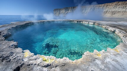 Breathtaking view of a thermal pool along the shore with geothermal activity near cliffs and ocean